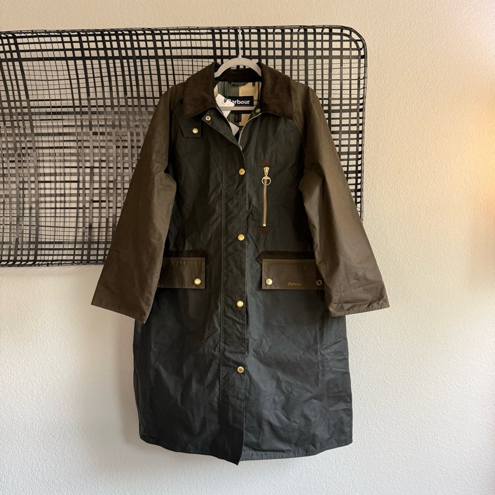 Barbour Olive Green Waxed Long Coat - Picture 3 of 9